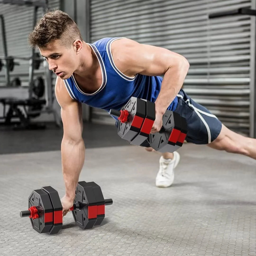 66LB Adjustable Dumbbells Set, Weight Plate with Connector Used as Barbell, Fitness Strength Exercises for Home Gym, Red