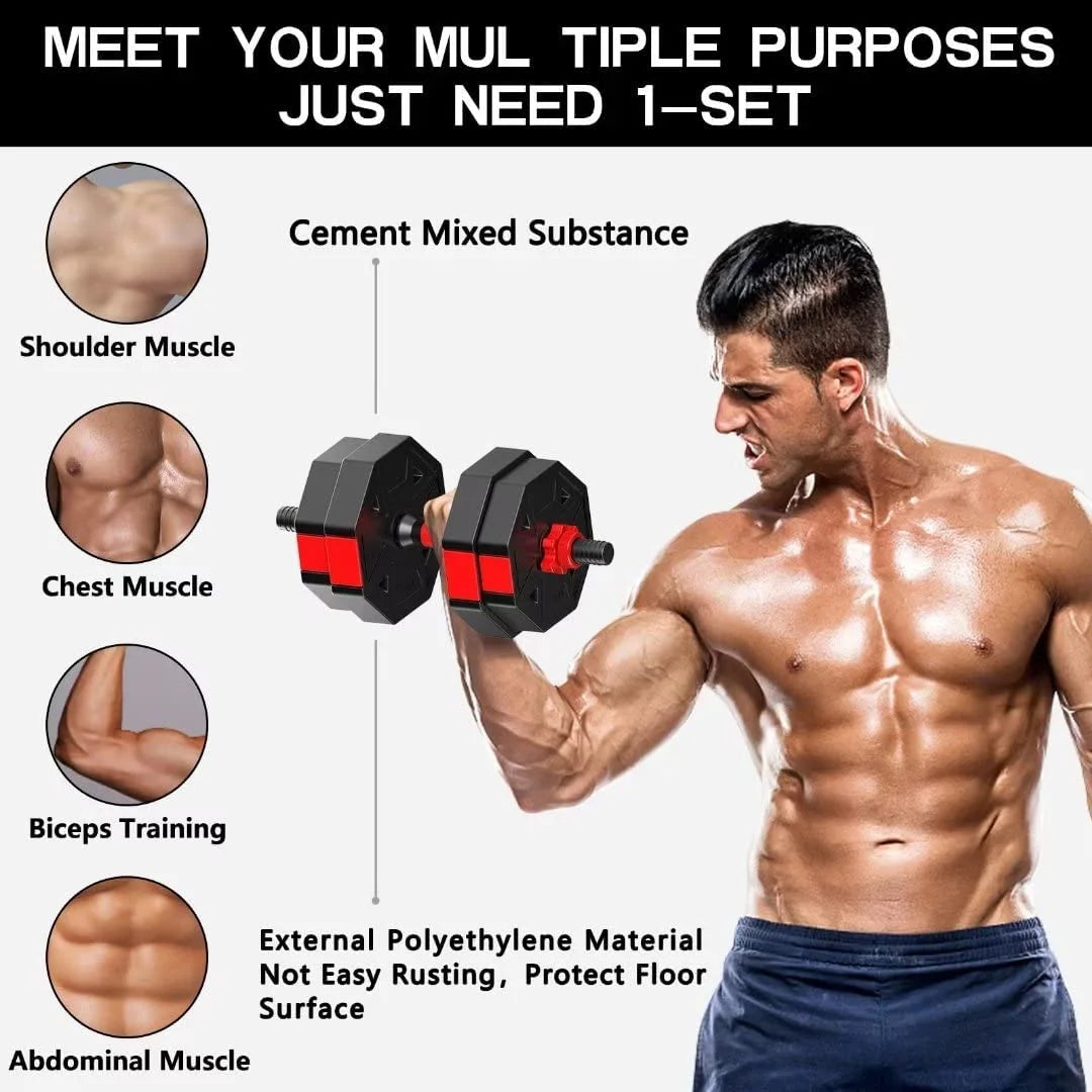 66LB Adjustable Dumbbells Set, Weight Plate with Connector Used as Barbell, Fitness Strength Exercises for Home Gym, Red